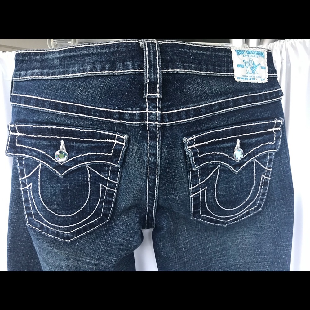 True Religion Women’s Dark Blue Boot Cut Jeans with White Stitching